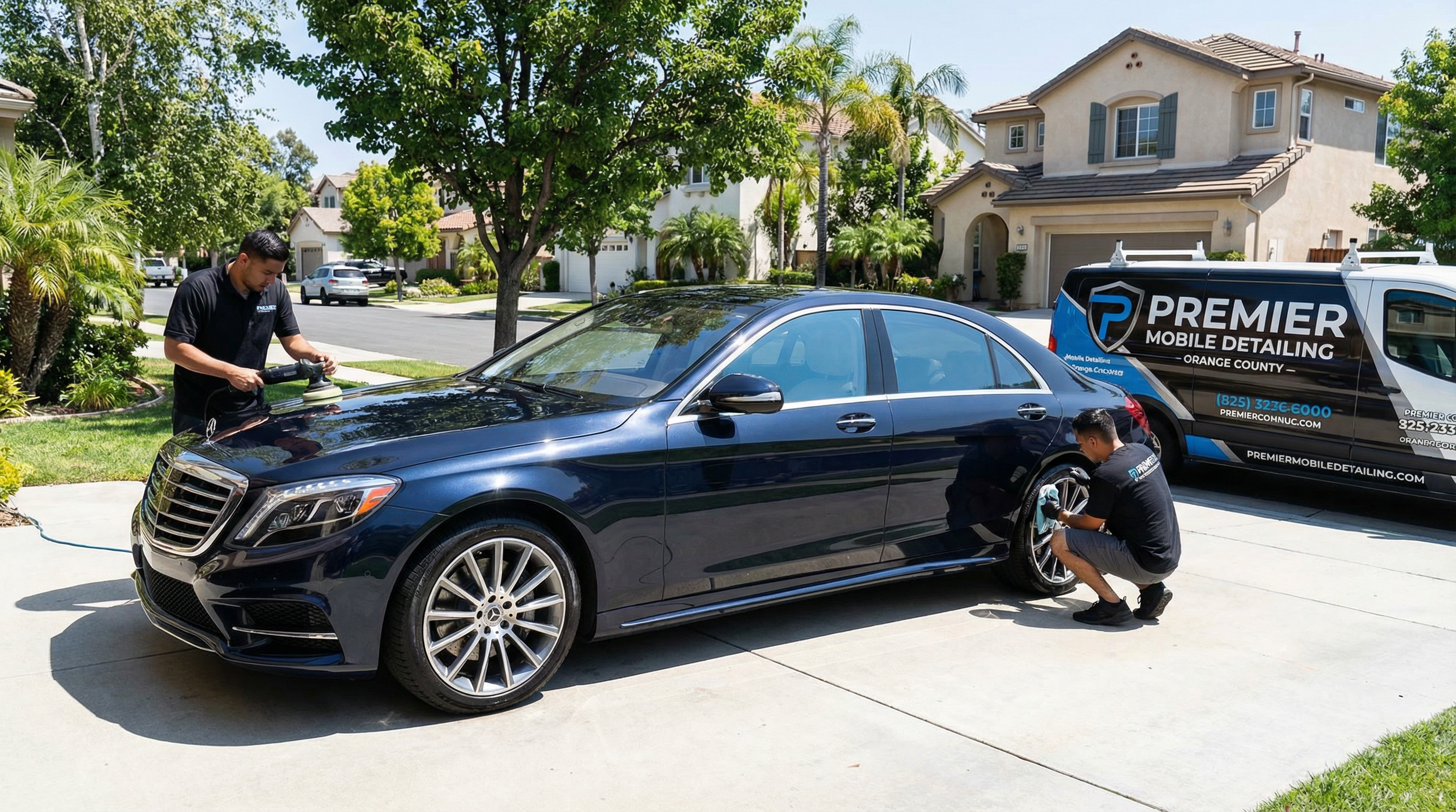 Professional mobile car detailing service in Orange County, California - multiple luxury cars being detailed by professional detailers - JIMENEZ ROYAL WASH