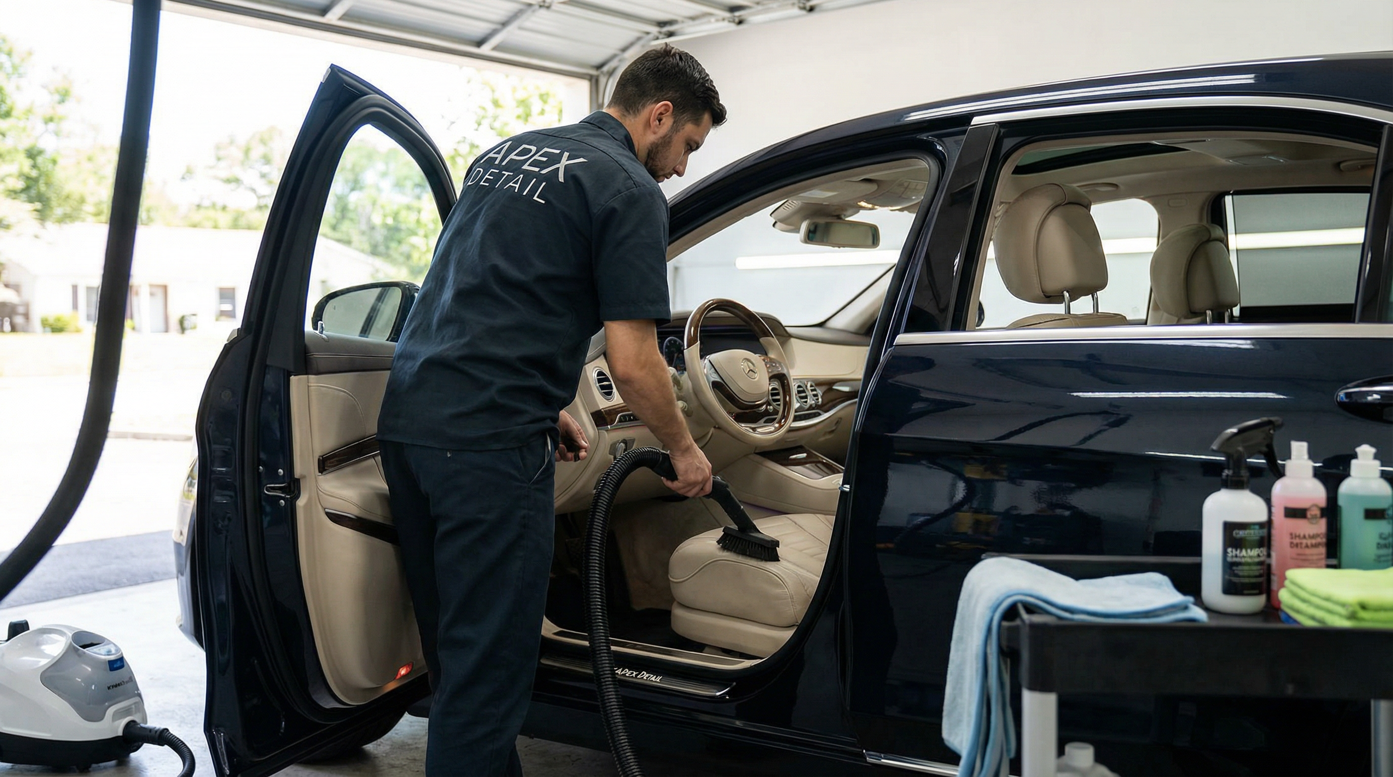 Professional car interior detailing process - vacuuming and shampooing car seats in Orange County, California - JIMENEZ ROYAL WASH