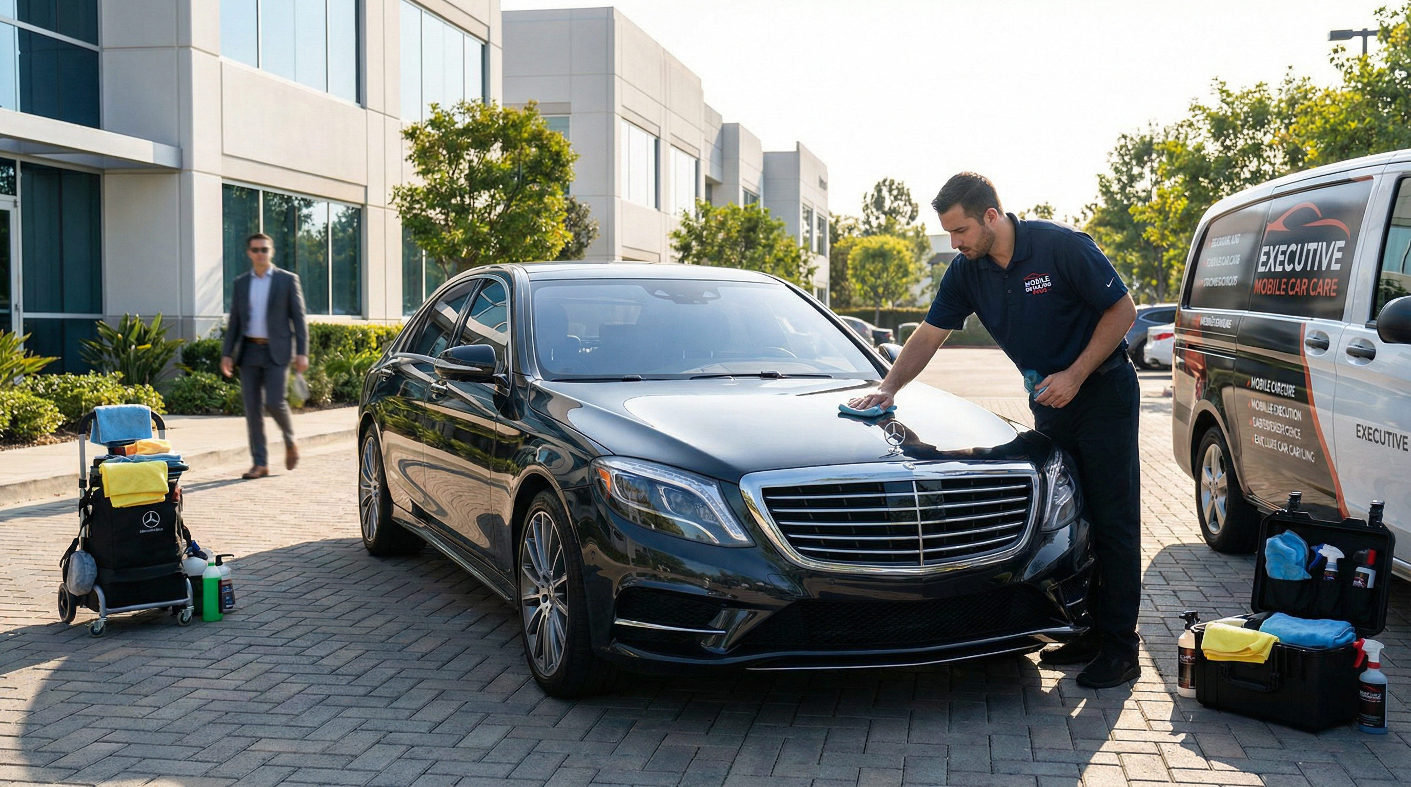 Professional mobile car detailing service at business location - luxury car being detailed at office parking lot in Orange County, CA - JIMENEZ ROYAL WASH