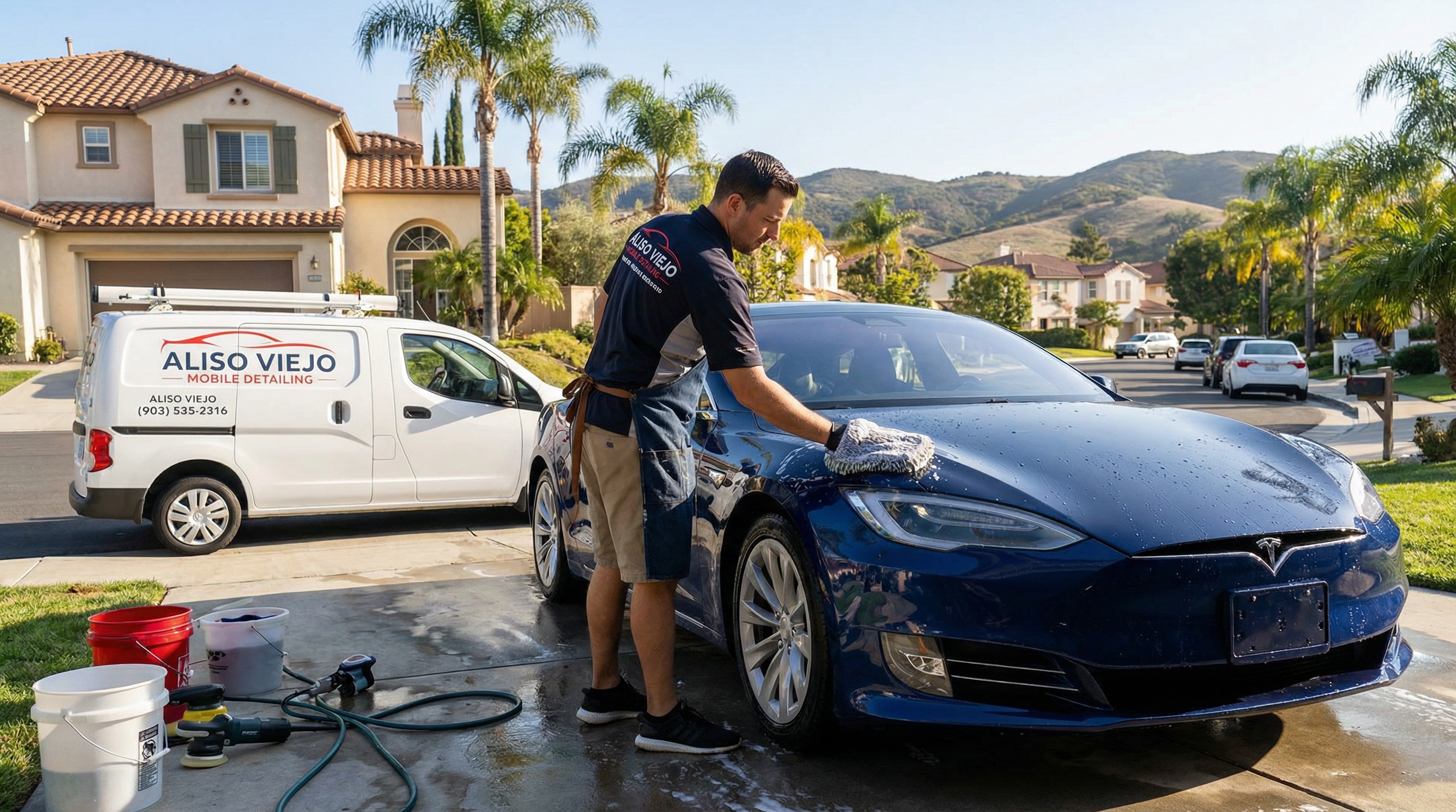 Professional mobile car detailing service in Aliso Viejo, Orange County, California - hand washing and detailing luxury vehicle at customer location - JIMENEZ ROYAL WASH