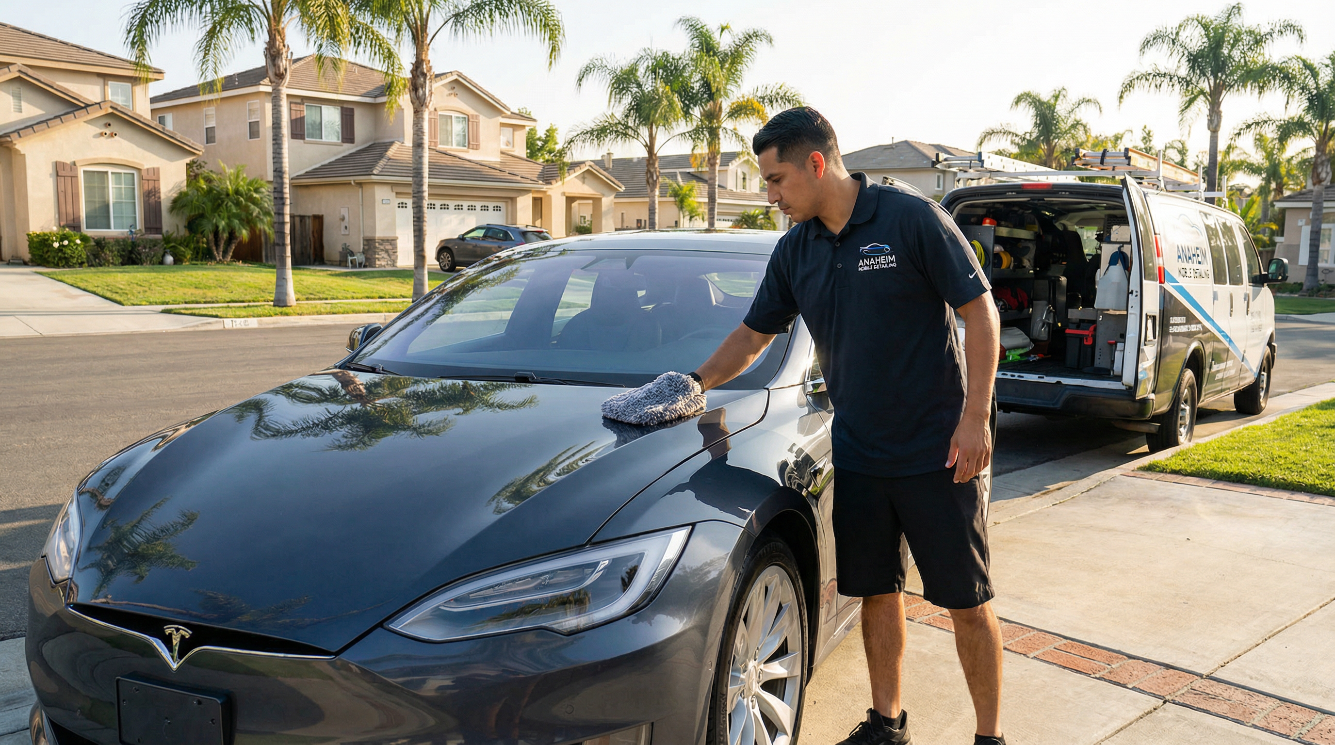 Professional mobile car detailing service in Anaheim, Orange County, California - hand washing and detailing luxury vehicle at customer location - JIMENEZ ROYAL WASH