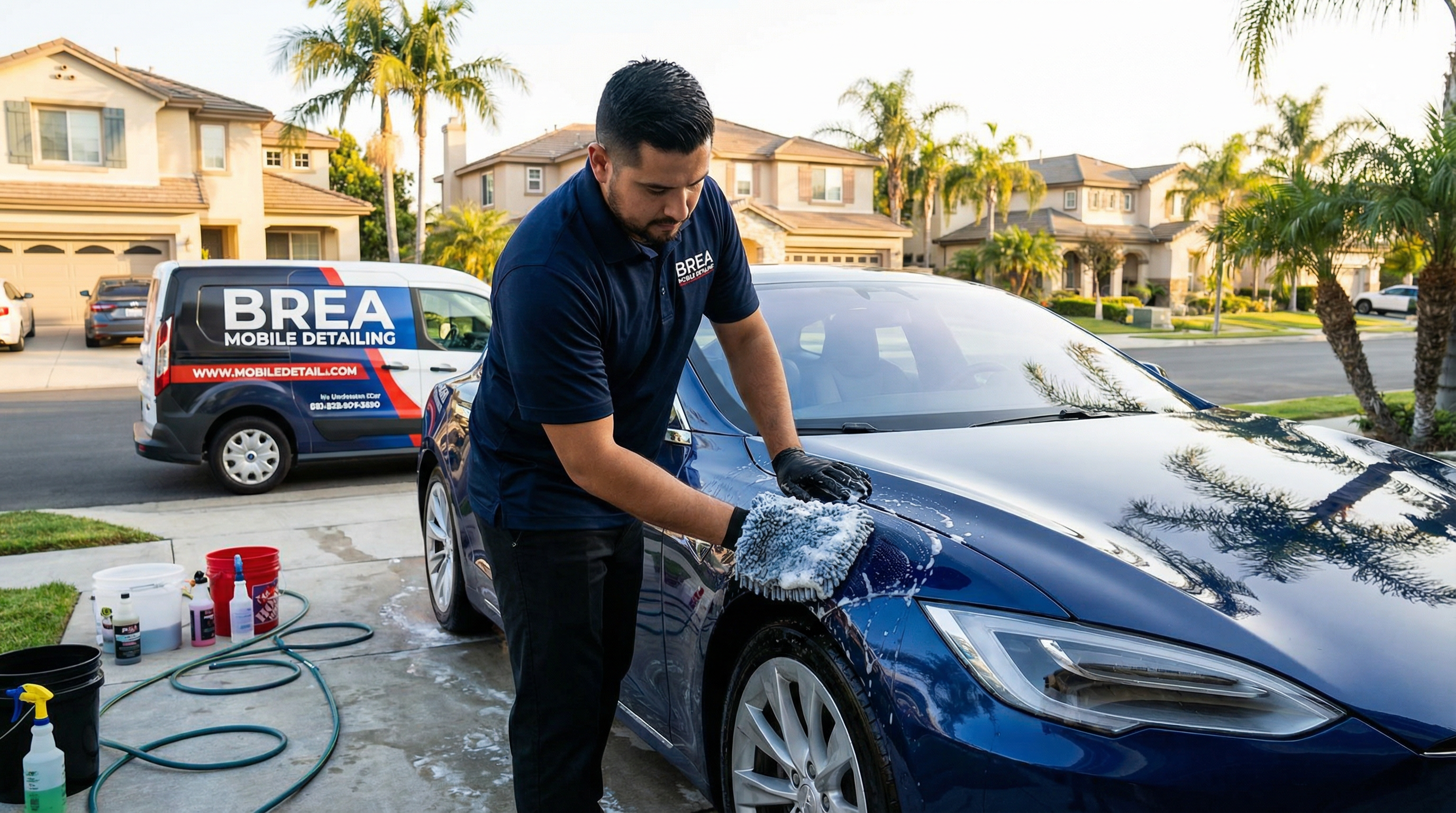 Professional mobile car detailing service in Brea, Orange County, California - hand washing and detailing luxury vehicle at customer location - JIMENEZ ROYAL WASH