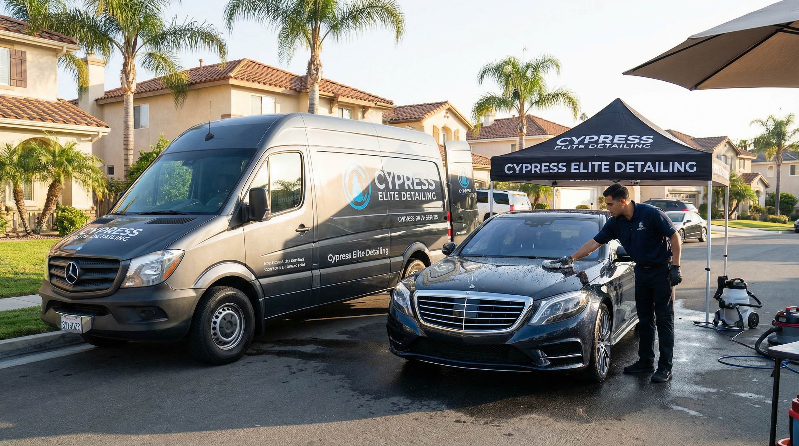 Professional mobile car detailing service in Cypress, Orange County, California - hand washing and detailing luxury vehicle at customer location - JIMENEZ ROYAL WASH