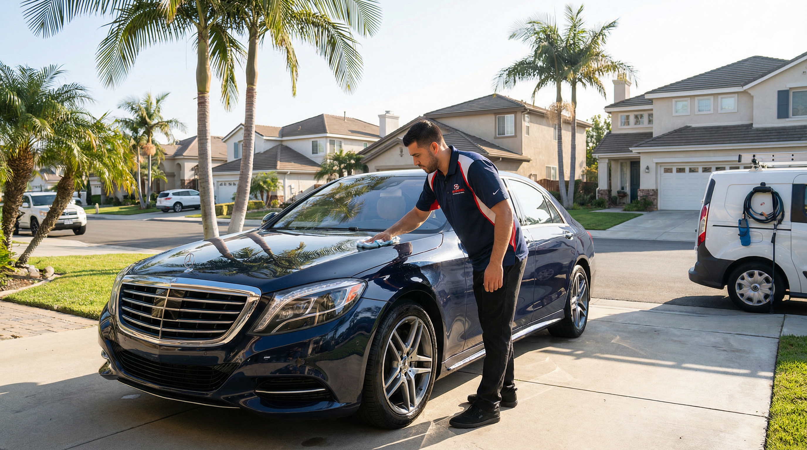 Professional mobile car detailing service in Fountain Valley, Orange County, California - hand washing and detailing luxury vehicle at customer location - JIMENEZ ROYAL WASH