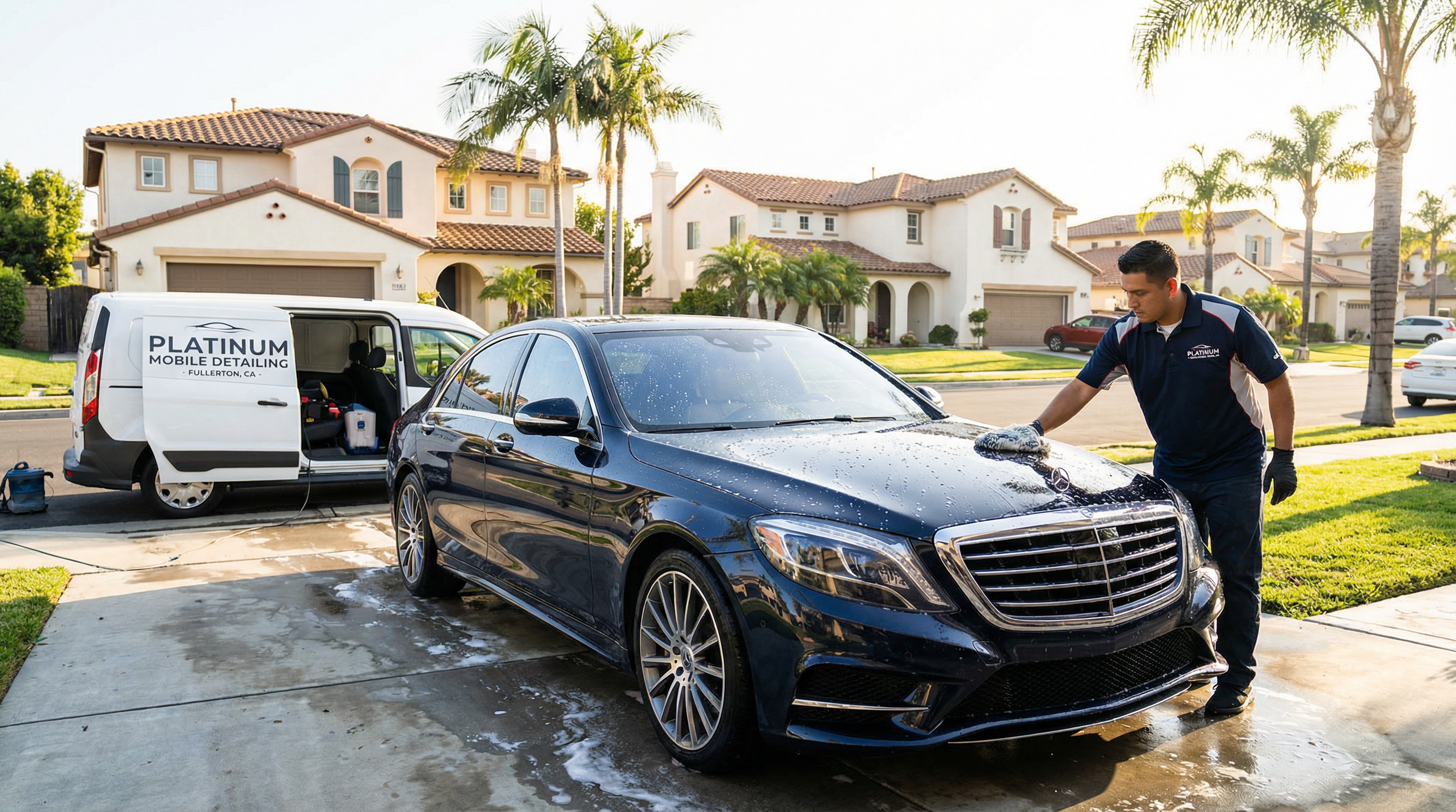 Professional mobile car detailing service in Fullerton, Orange County, California - hand washing and detailing luxury vehicle at customer location - JIMENEZ ROYAL WASH