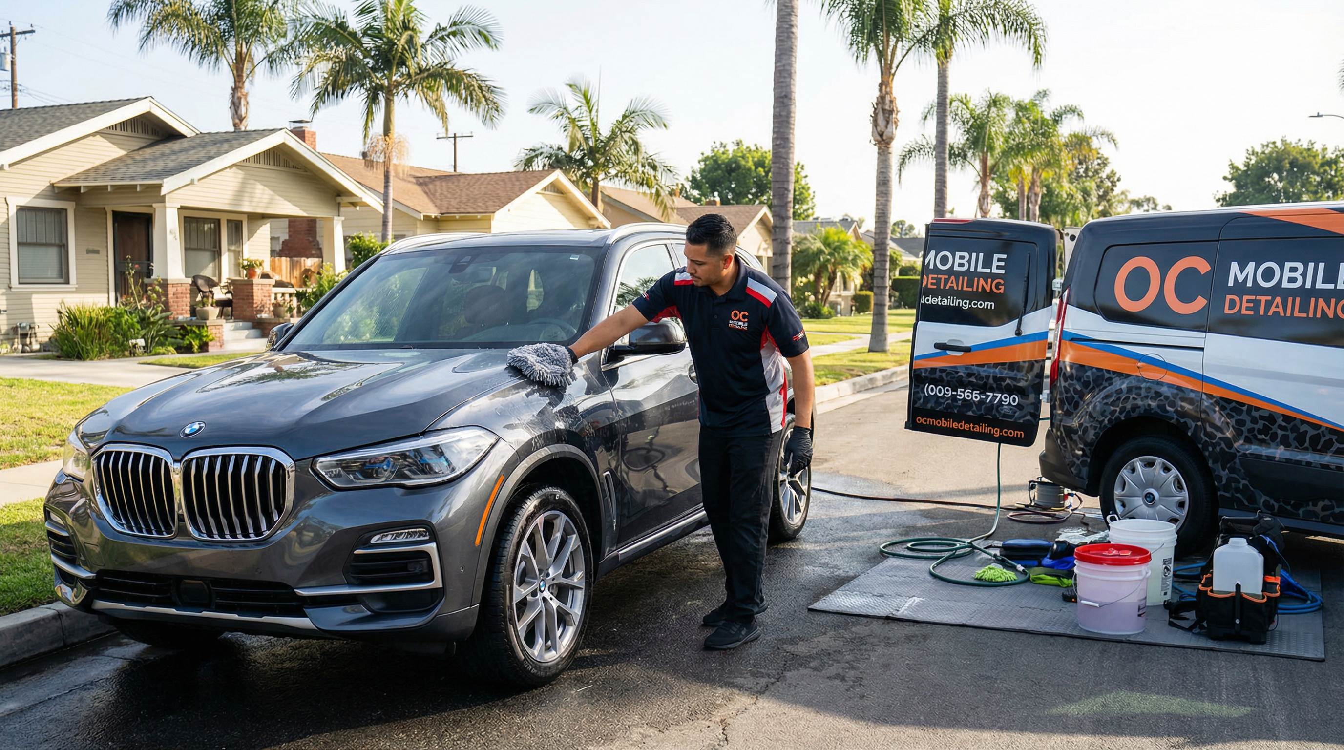 Professional mobile car detailing service in Garden Grove, Orange County, California - hand washing and detailing luxury vehicle at customer location - JIMENEZ ROYAL WASH