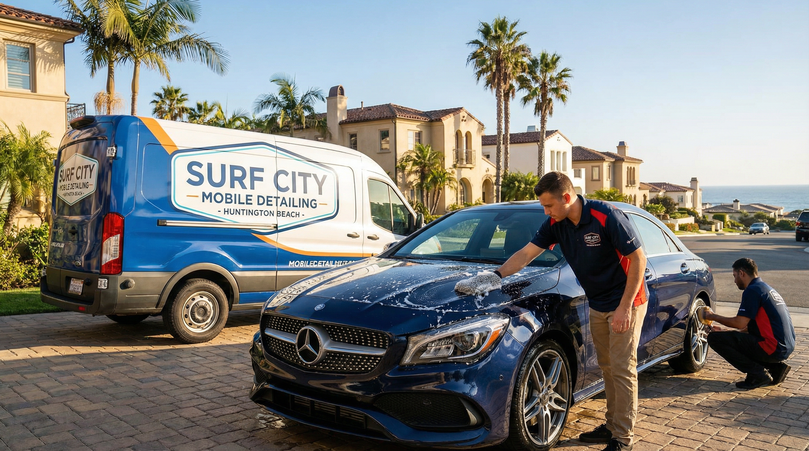 Professional mobile car detailing service in Huntington Beach, Orange County, California - hand washing and detailing luxury vehicle at customer location - JIMENEZ ROYAL WASH
