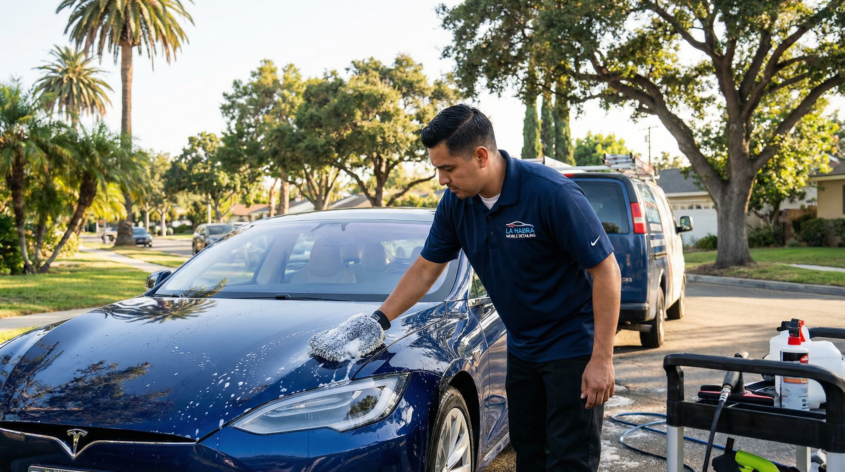 Professional mobile car detailing service in La Habra, Orange County, California - hand washing and detailing luxury vehicle at customer location - JIMENEZ ROYAL WASH