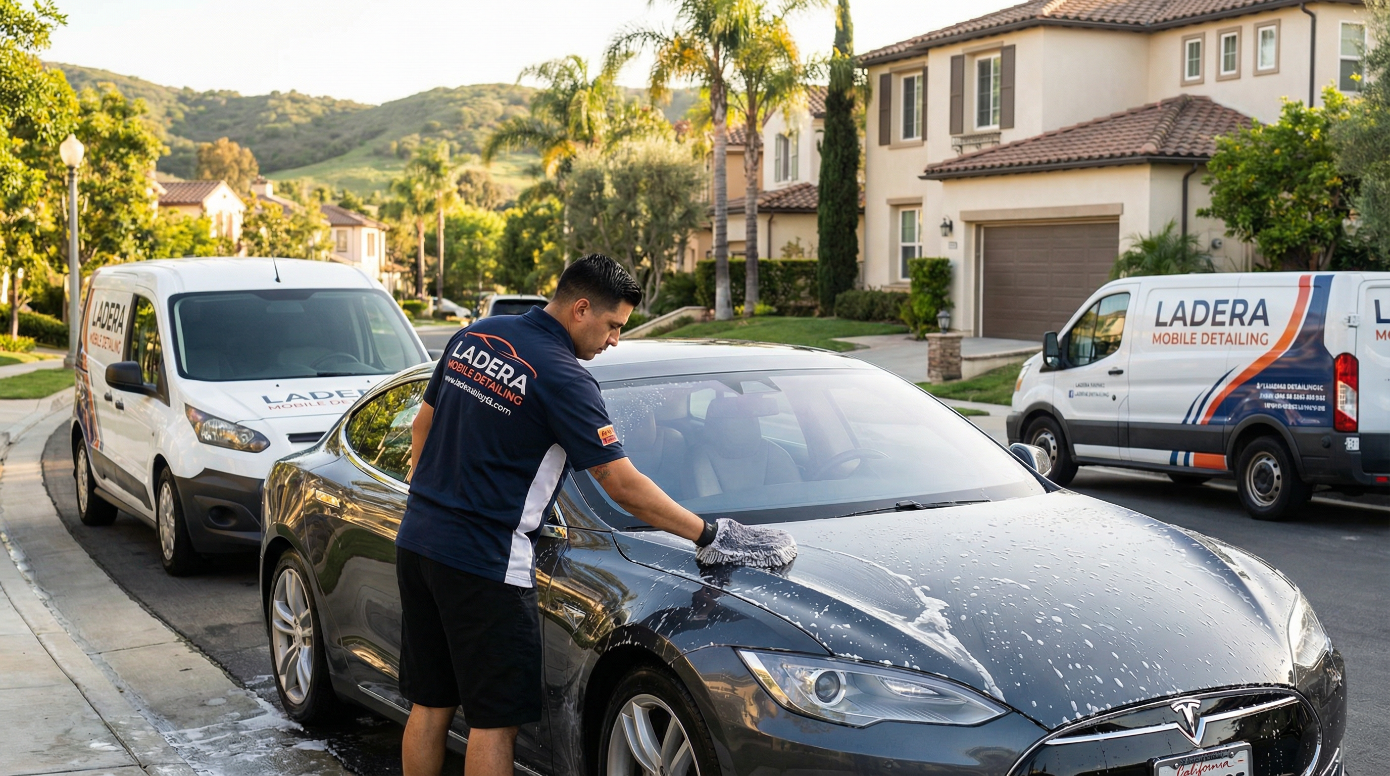 Professional mobile car detailing service in Ladera Ranch, Orange County, California - hand washing and detailing luxury vehicle at customer location - JIMENEZ ROYAL WASH
