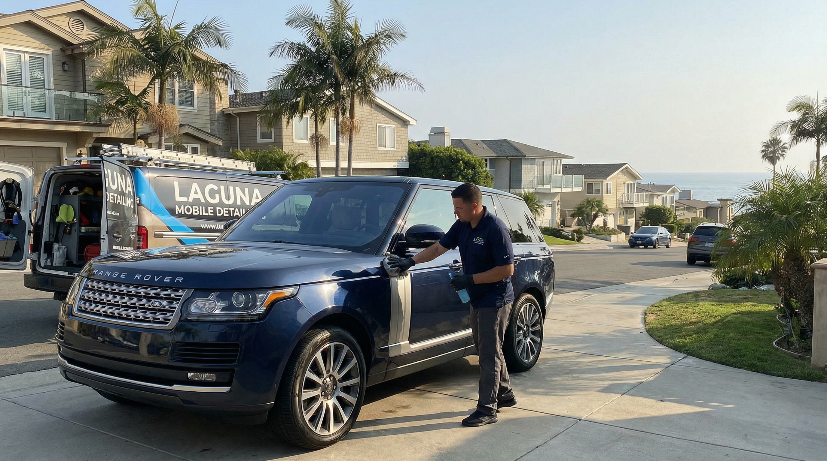 Professional mobile car detailing service in Laguna Beach, Orange County, California - hand washing and detailing luxury vehicle at customer location - JIMENEZ ROYAL WASH