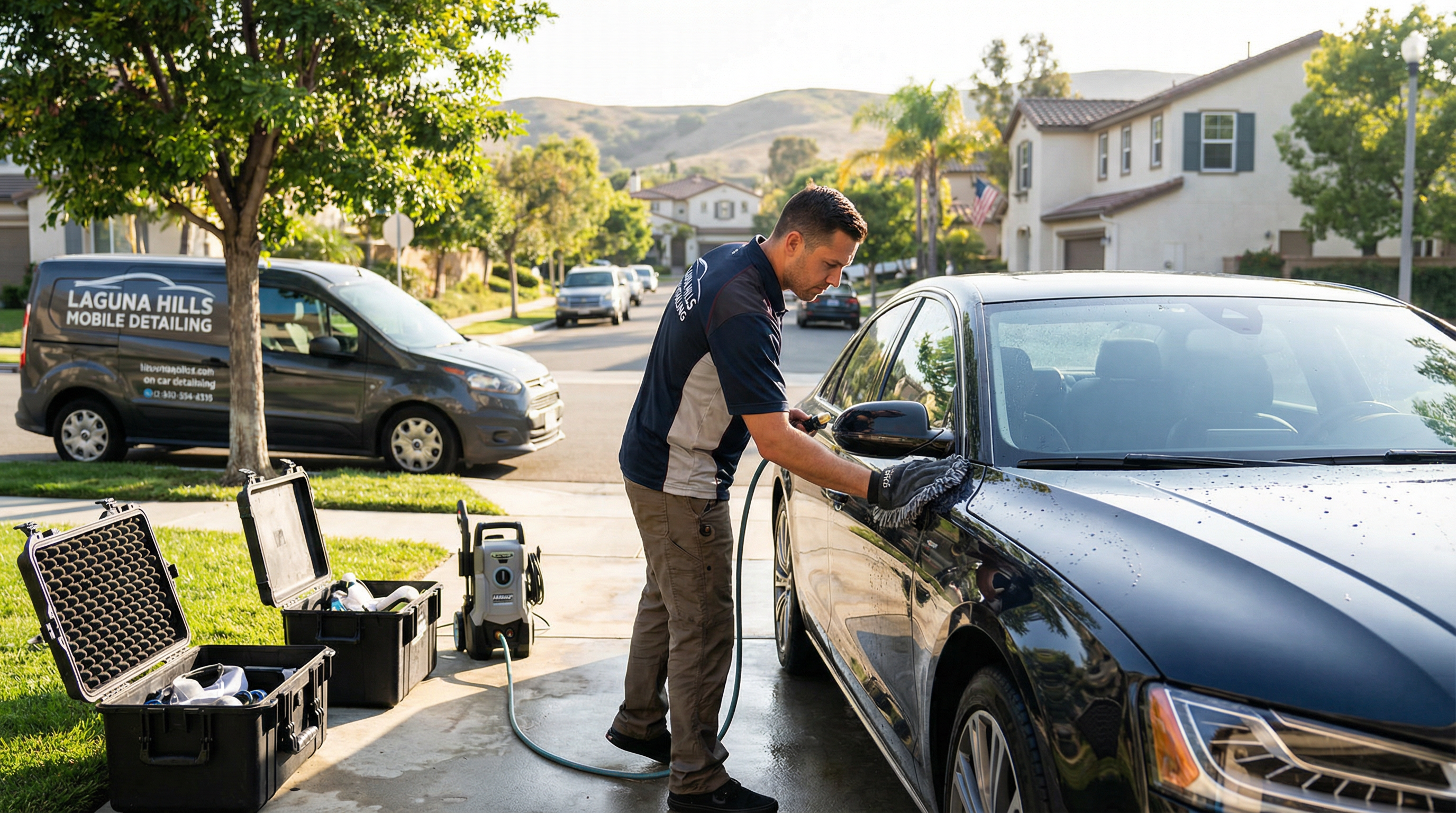 Professional mobile car detailing service in Laguna Hills, Orange County, California - hand washing and detailing luxury vehicle at customer location - JIMENEZ ROYAL WASH