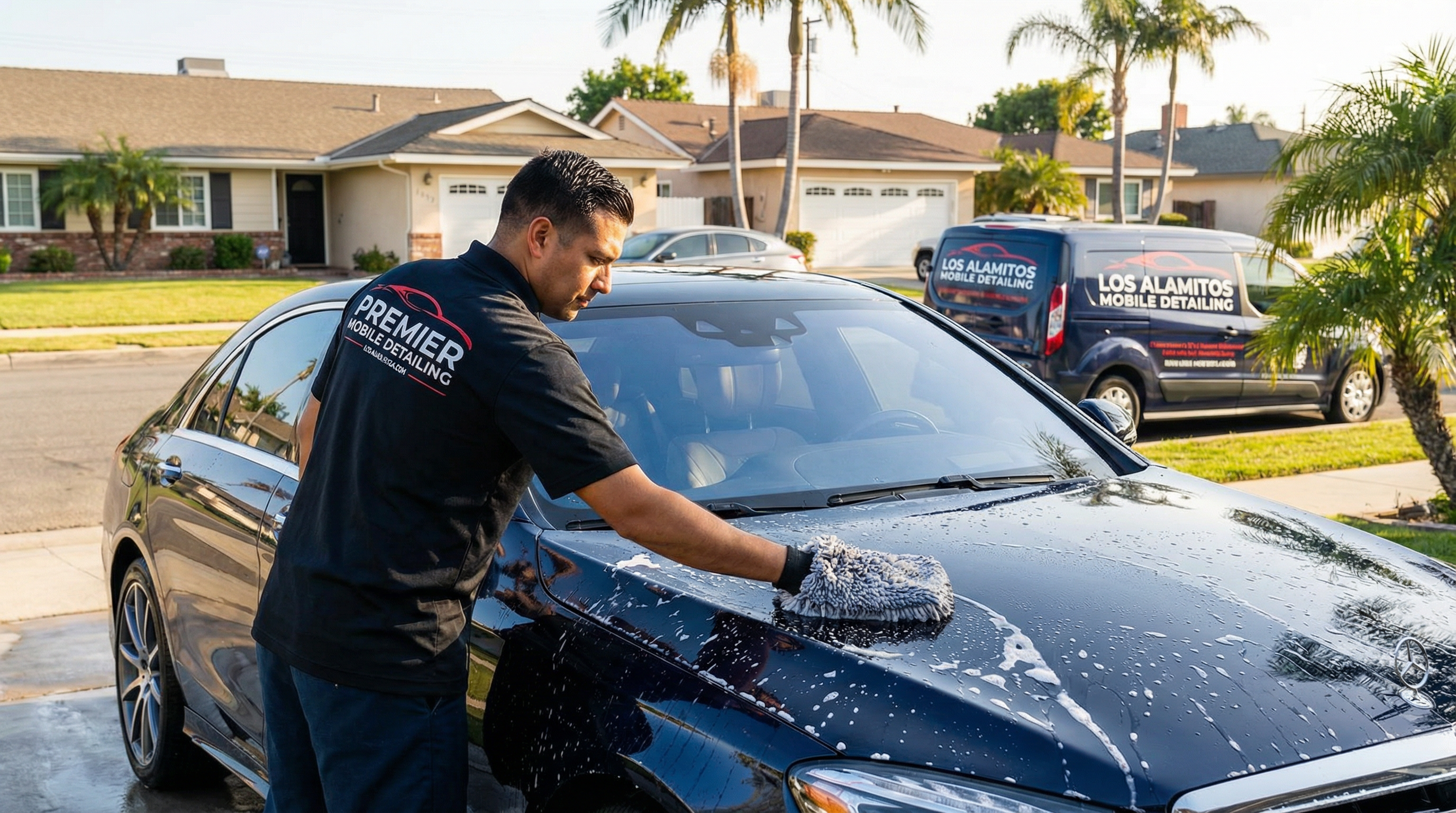 Professional mobile car detailing service in Los Alamitos, Orange County, California - hand washing and detailing luxury vehicle at customer location - JIMENEZ ROYAL WASH