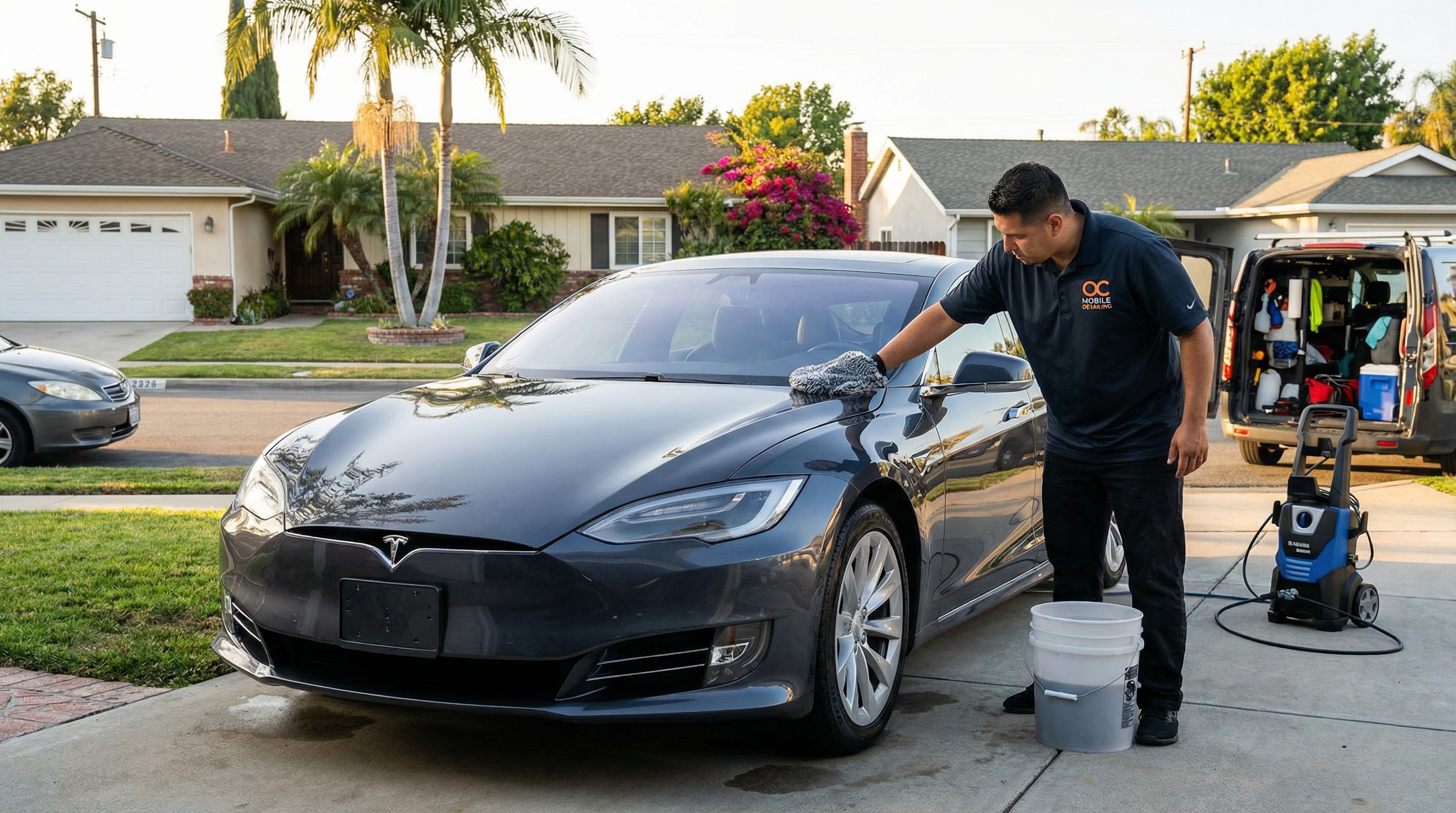 Professional mobile car detailing service in Orange, Orange County, California - hand washing and detailing luxury vehicle at customer location - JIMENEZ ROYAL WASH