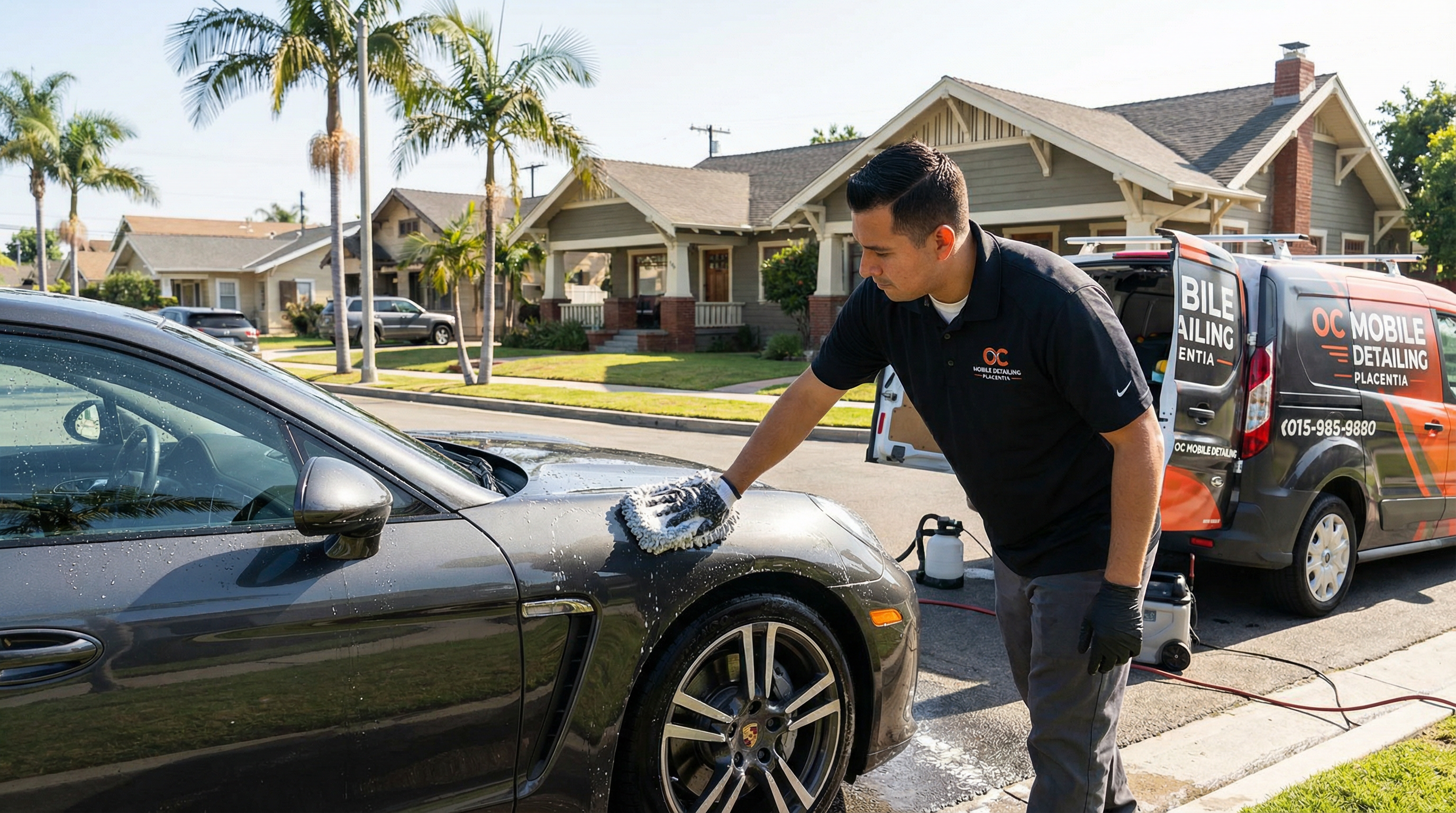 Professional mobile car detailing service in Placentia, Orange County, California - hand washing and detailing luxury vehicle at customer location - JIMENEZ ROYAL WASH