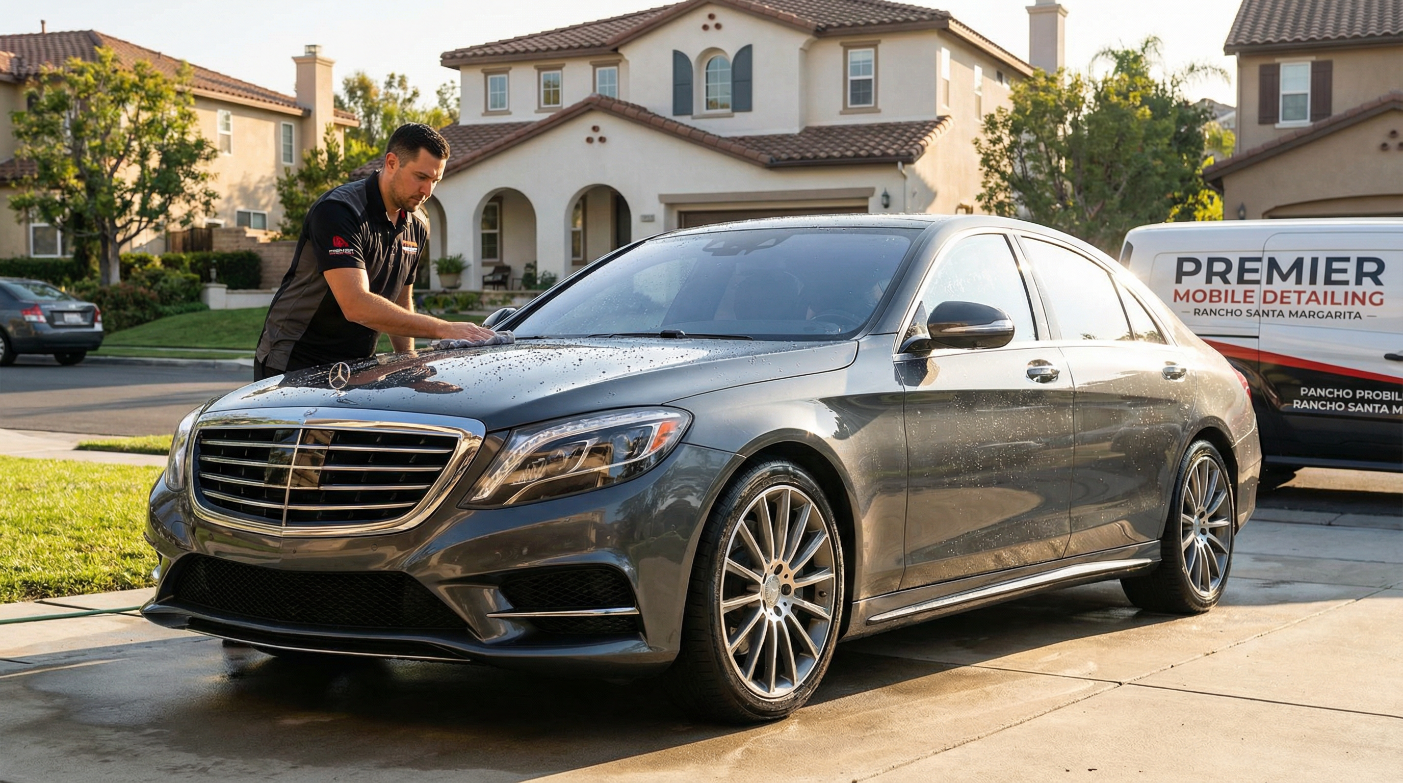 Professional mobile car detailing service in Rancho Santa Margarita, Orange County, California - hand washing and detailing luxury vehicle at customer location - JIMENEZ ROYAL WASH