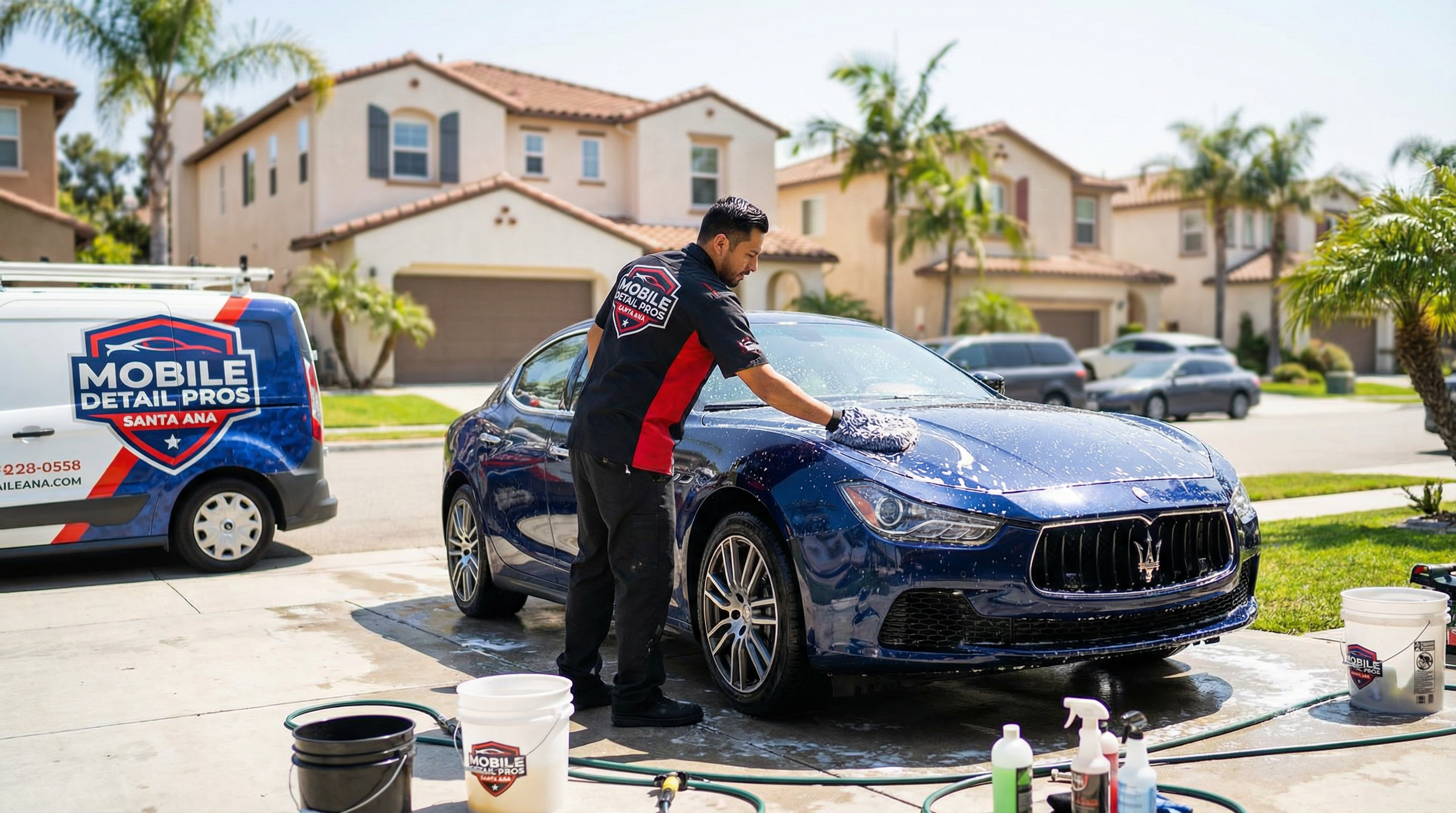 Professional mobile car detailing service in Santa Ana, Orange County, California - hand washing and detailing luxury vehicle at customer location - JIMENEZ ROYAL WASH