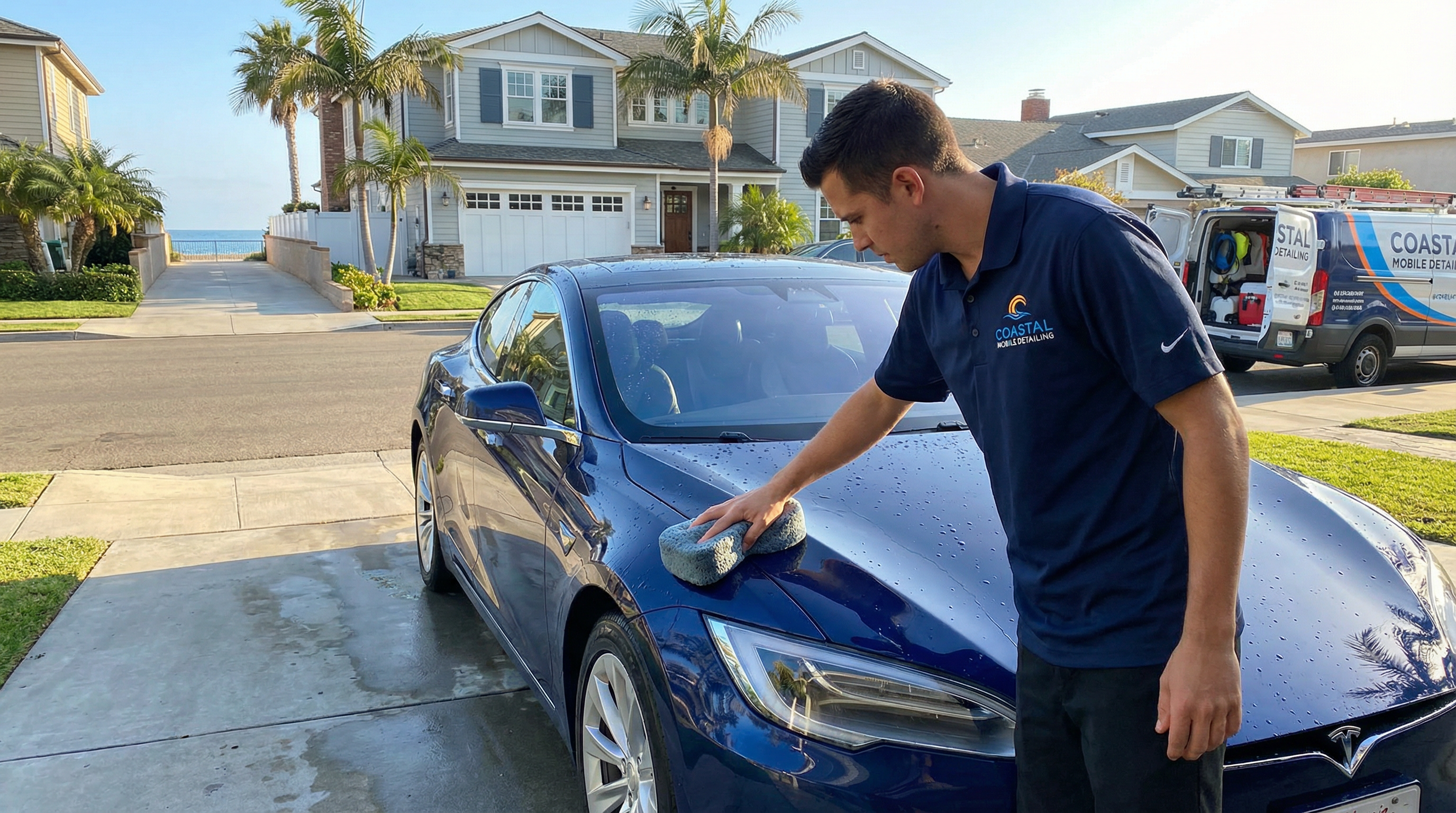 Professional mobile car detailing service in Seal Beach, Orange County, California - hand washing and detailing luxury vehicle at customer location - JIMENEZ ROYAL WASH