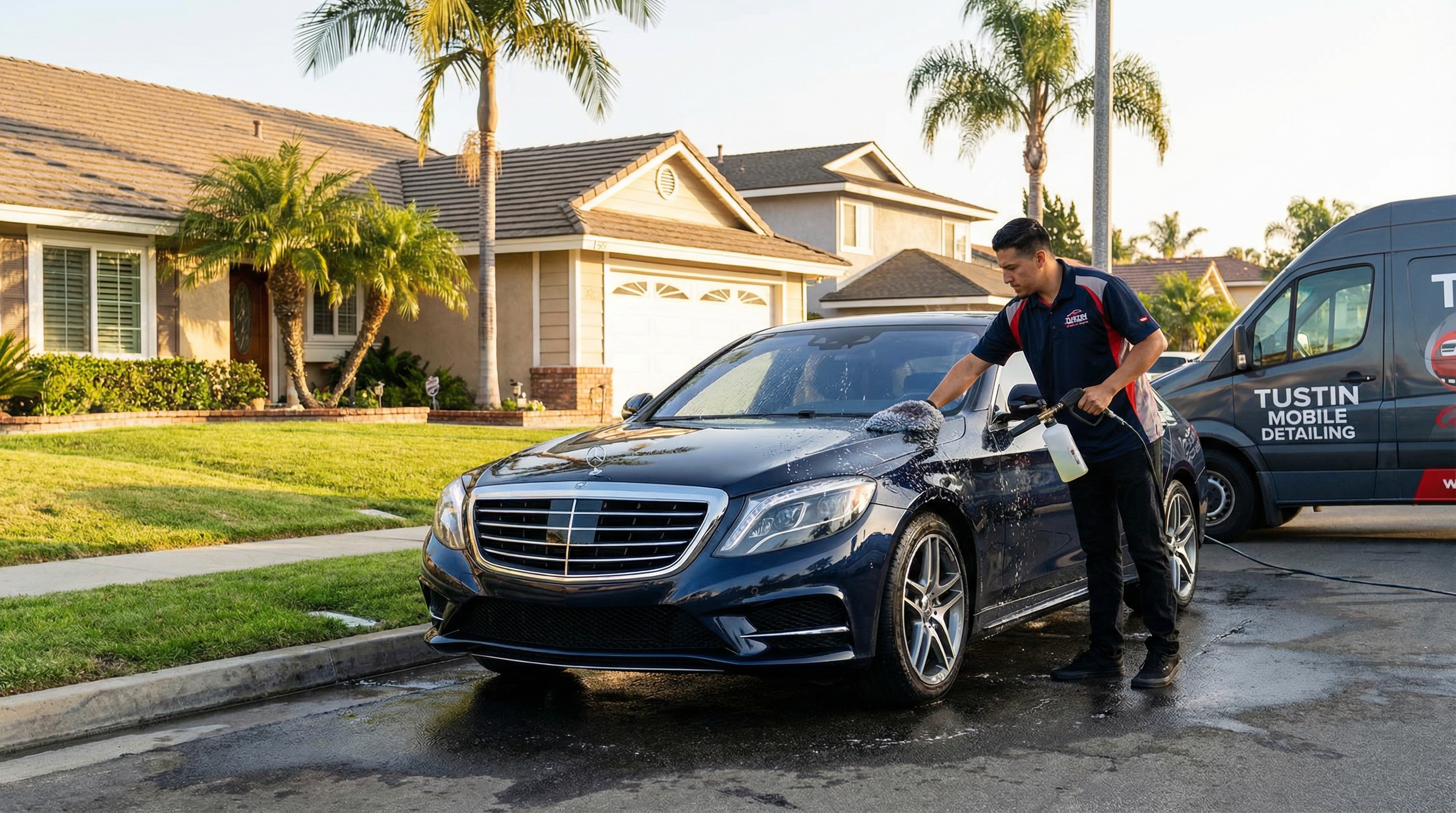 Professional mobile car detailing service in Tustin, Orange County, California - hand washing and detailing luxury vehicle at customer location - JIMENEZ ROYAL WASH