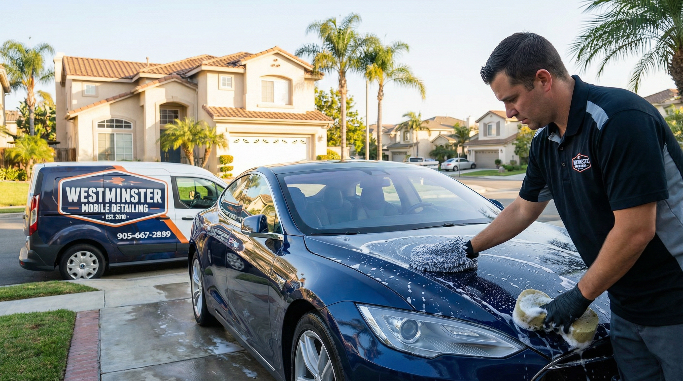 Professional mobile car detailing service in Westminster, Orange County, California - hand washing and detailing luxury vehicle at customer location - JIMENEZ ROYAL WASH