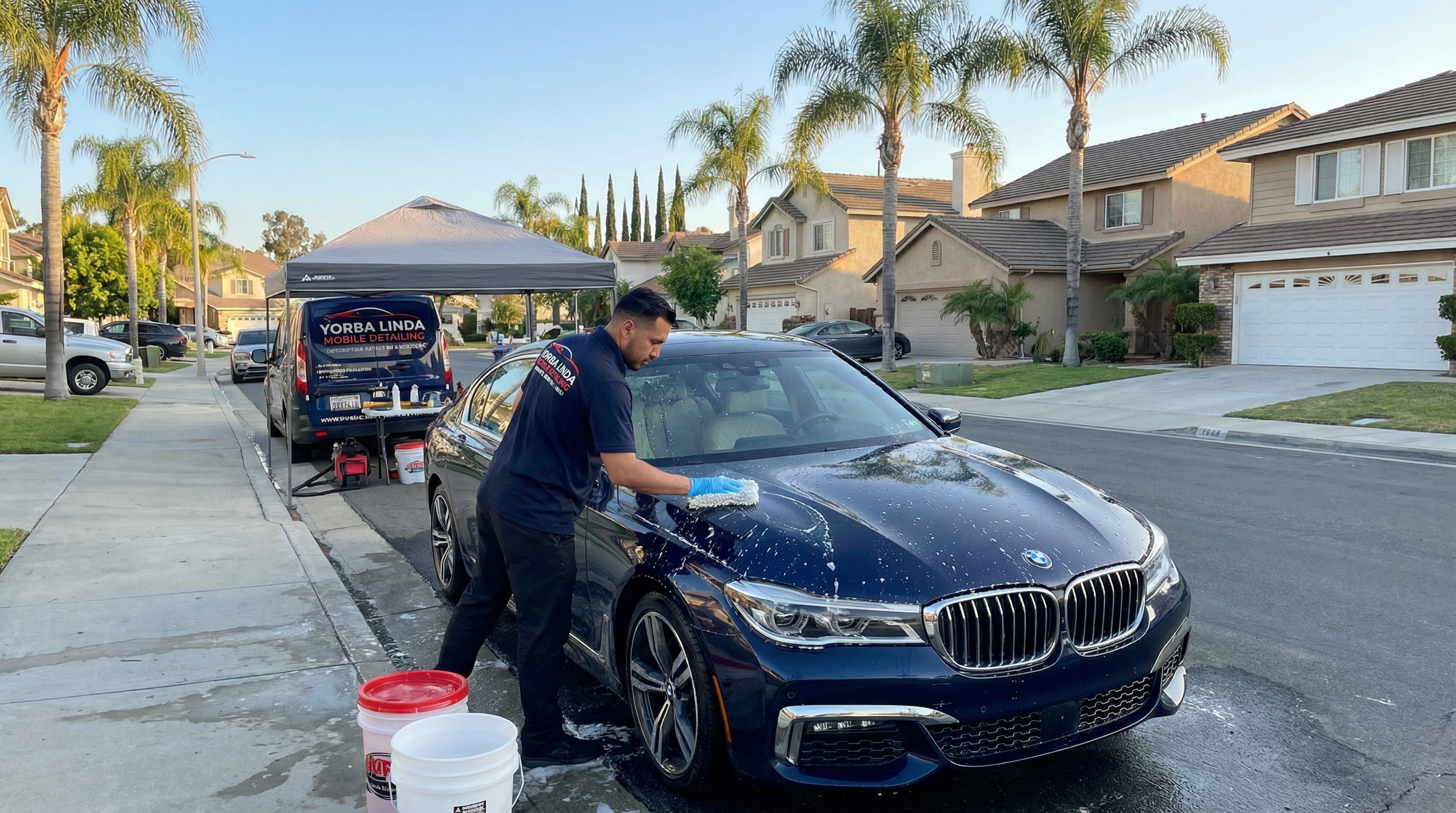 Professional mobile car detailing service in Yorba Linda, Orange County, California - hand washing and detailing luxury vehicle at customer location - JIMENEZ ROYAL WASH